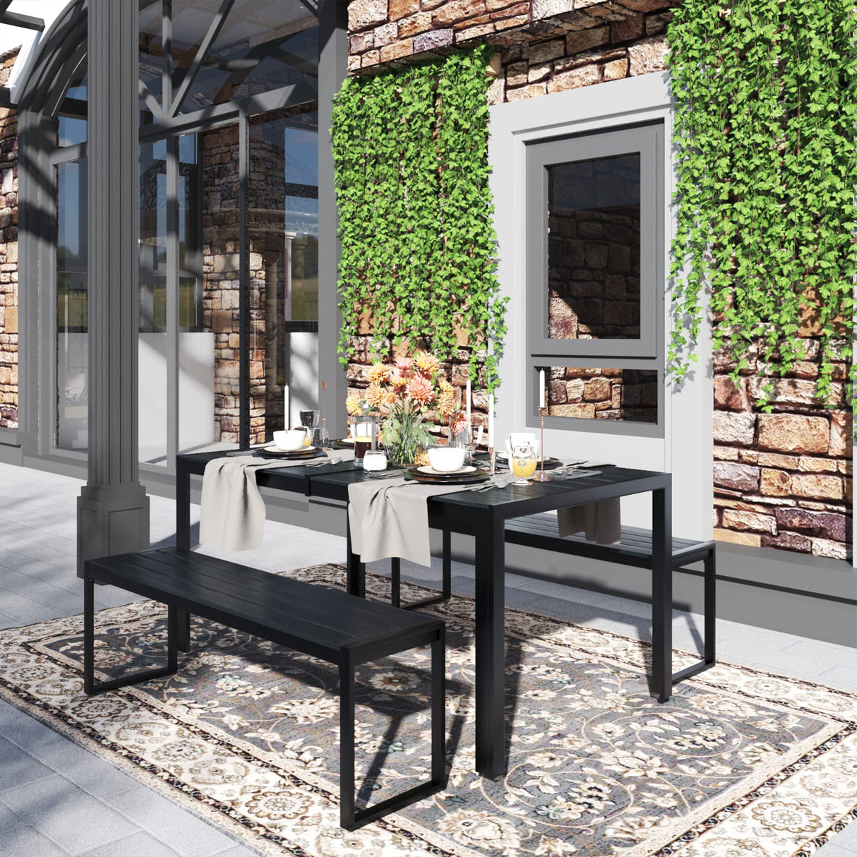 VICLLAX 3-Person Outdoor Bench 53" Long Garden Bench Metal Frame Backless Porch Patio Bench, Black VICLLAX