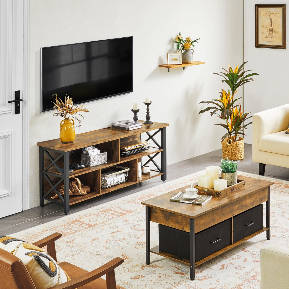 Yaheetech TV Stand for Living Room, Industrial Entertainment Center for 65 Inch TV, Rustic TV Console Stand with Storage Cabinets Wood and Metal, Rustic Brown Yaheetech