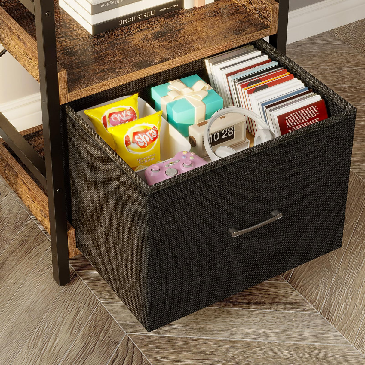 Rolanstar Bookshelf 5 Tier with Removable Drawer, Tall Narrow Bookcase, Industrial Wooden Display Shelves for Bedroom, Living Room, Office, Kitchen, Rustic Brown Rolanstar