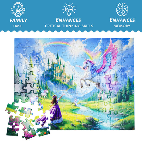Princess of Unicorn Kingdom 100 Piece Puzzle + Bonus 16 Stickers for Kids 4-8 8-10 - Puzzles for Children and Adults - Learning Educational Toys Birthday Gifts for Girls Jigsaw Puzzles PuzzWiz