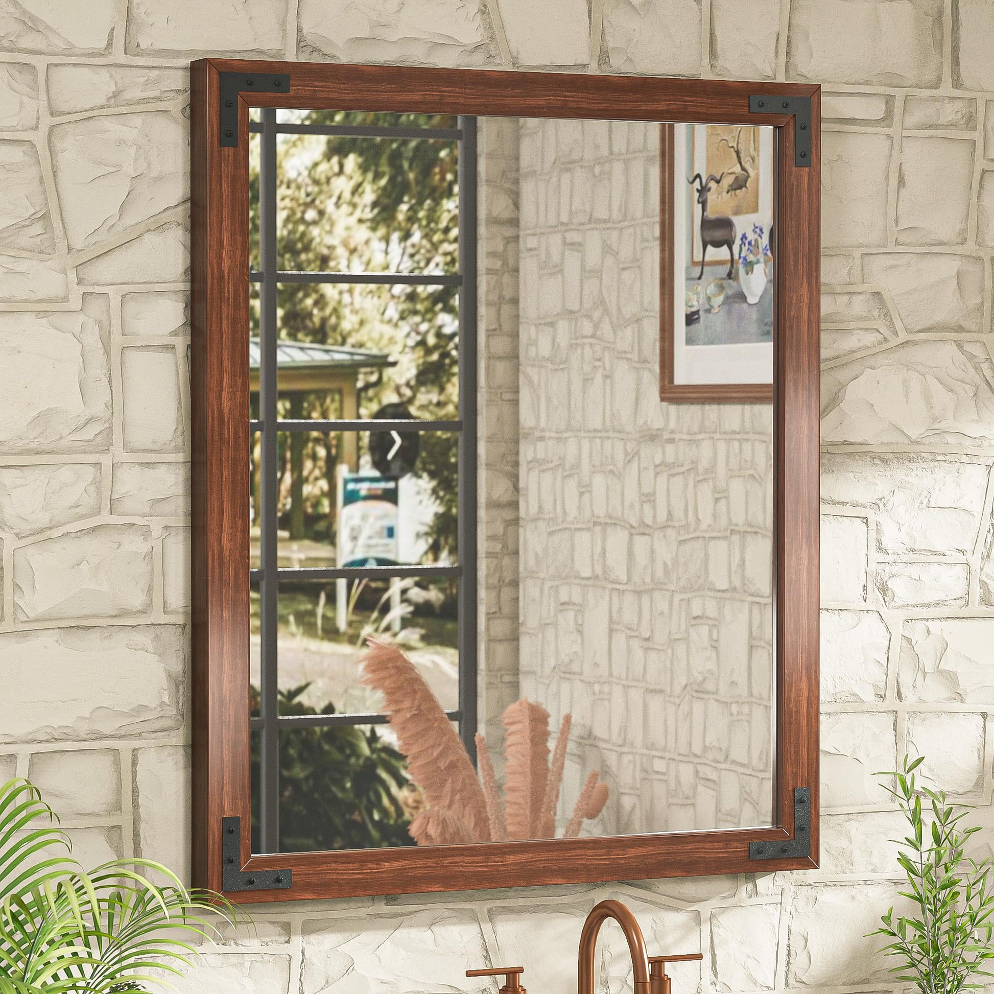 TETOTE Wooden Mirror for Bathroom Vanity 30 x 36 Inch Rustic Farmhouse Brown Walnut Wood Frame Rectangle Wall Mirror for Living Room Bedroom Entryway, Horizontal/Vertical, Easy to Install - WoodArtSupply