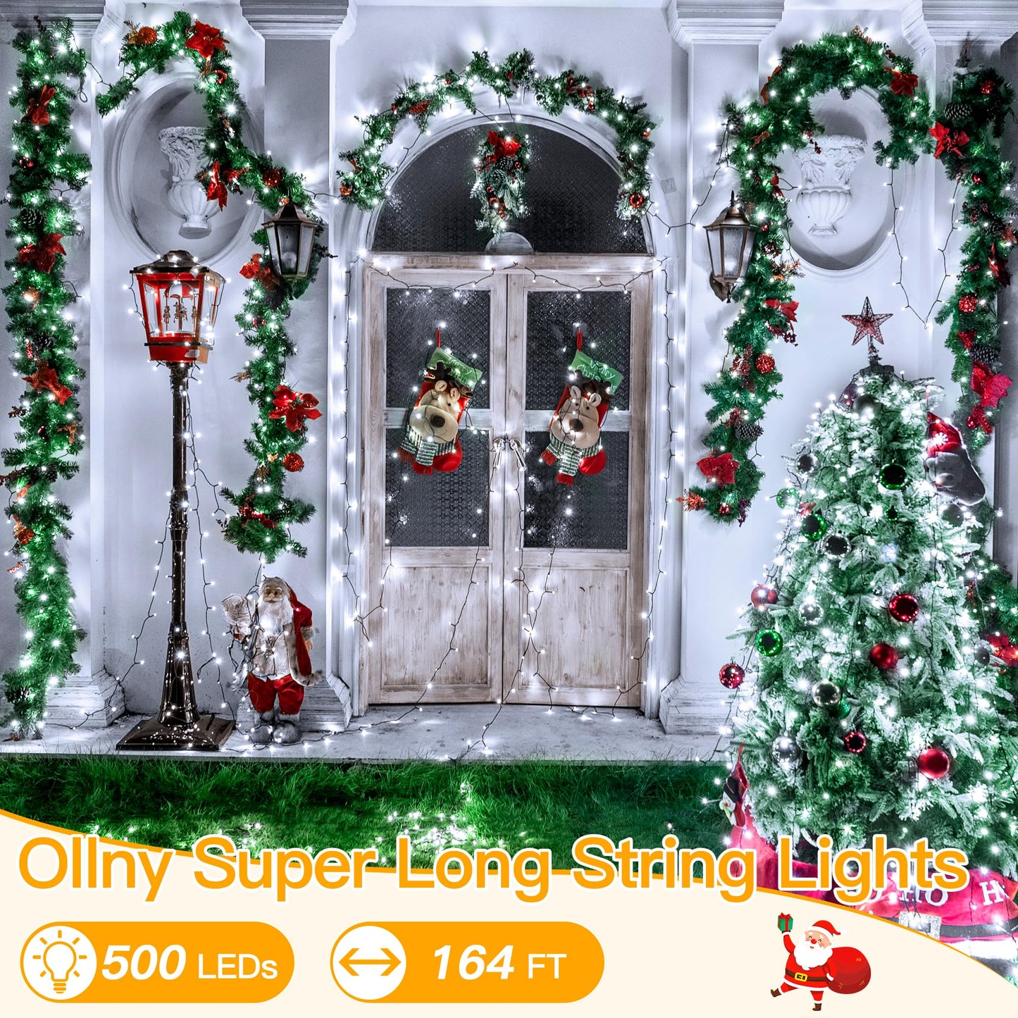 Ollny Christmas Lights, 500LED 164FT Long Christmas Tree Lights with 8 Modes Remote Timer IP44 Waterproof, Outdoor Christmas Lights for Tree House Yard Outside Xmas Decorations White