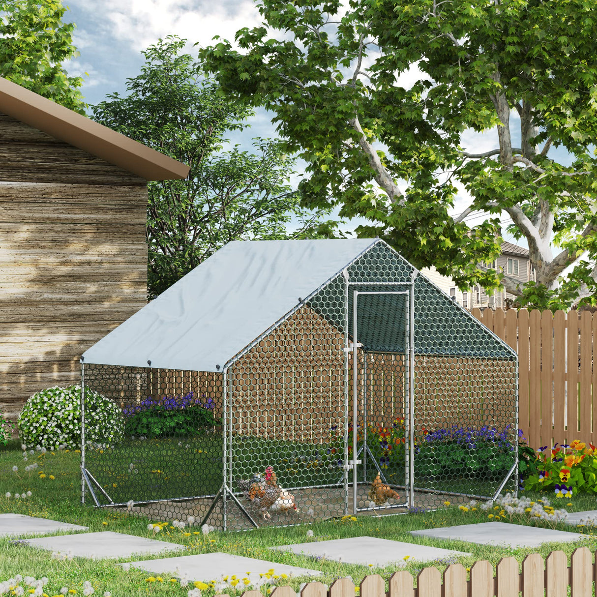 4ever2buy Large Metal Chicken Coop with Run Walk-in Poultry Cage Chicken Runs House Pen Cage Spire Roofed Chicken Coops with Anti-Ultraviolet Cover for Outdoor Backyard Farm Use 9.8’L x 6.6’W x 6.4’H 4ever2buy