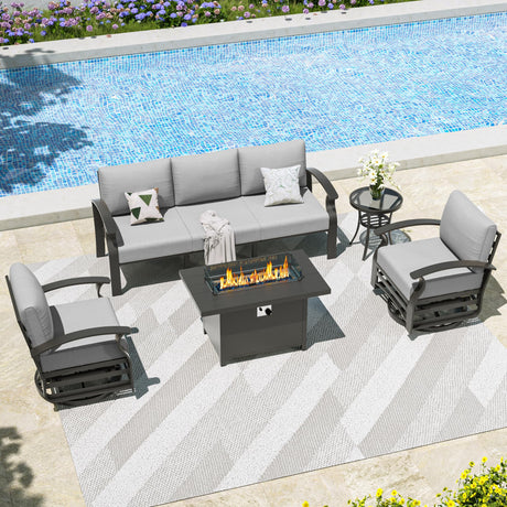 Kullavik Aluminum Patio Furniture Set with Propane Fire Pit Table 5-seat Metal Outdoor Furniture w/Fire Pit Patio Sectional Sofas w/5.1" Cushions for Patio, Backyard, Poolside-Grey Kullavik