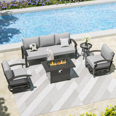 Kullavik Aluminum Patio Furniture Set with Propane Fire Pit Table 5-seat Metal Outdoor Furniture w/Fire Pit Patio Sectional Sofas w/5.1" Cushions for Patio, Backyard, Poolside-Grey