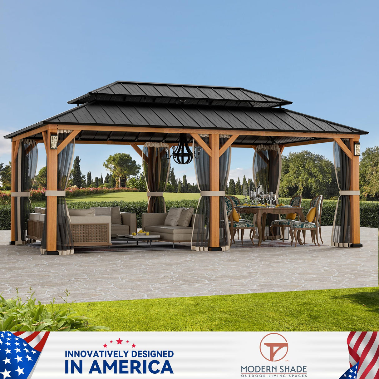 Modern Shade The Horizon Permanent Hardtop Gazebo 12' x 20' w/ 4 LED Lights, Outdoor Gazebo w/Galvanized Steel Double Roof, Patio Pavilion w/Decor Hooks, Mosquito Nettings, Wood-Looking Modern Shade Outdoor Living Spaces