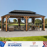 Modern Shade The Horizon Permanent Hardtop Gazebo 12' x 20' w/ 4 LED Lights, Outdoor Gazebo w/Galvanized Steel Double Roof, Patio Pavilion w/Decor Hooks, Mosquito Nettings, Wood-Looking Modern Shade Outdoor Living Spaces