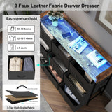 EXOTICA Black Dresser for Bedroom with Charging Station 9 Drawers Dresser with LED Light and USB Ports for Hallway Entryway Closets Sturdy Steel Frame Wood Top (Faux Leather Fabric Drawer) EXOTICA