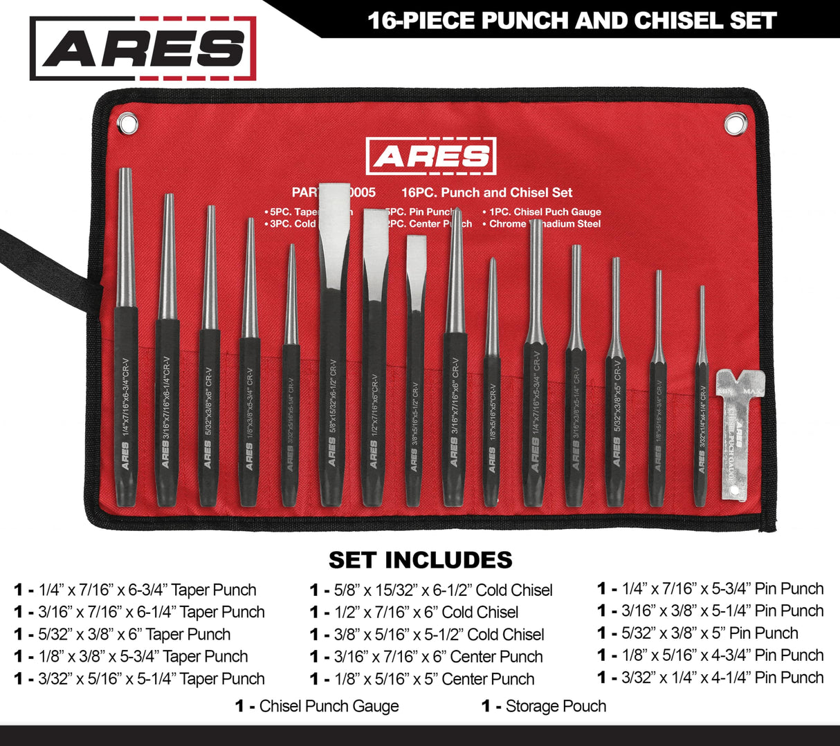 ARES 50005-16-Piece Punch and Chisel Set – Tapered Punches, Pin Punches, Center Punches, and Cold Chisels for Various Applications ARES