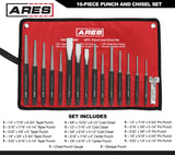 ARES 50005-16-Piece Punch and Chisel Set – Tapered Punches, Pin Punches, Center Punches, and Cold Chisels for Various Applications ARES