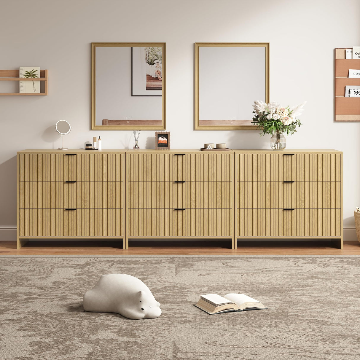 BVIUNTWO Fluted 9 Drawer Dresser,95 Inch Modern Chest of Drawers with Metal Handle,Wood Dresser Organizer for Bedroom,Living Room,Hallway,Natural Oak BVIUNTWO