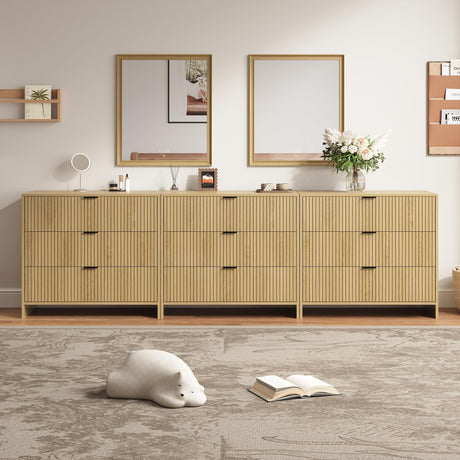 BVIUNTWO Fluted 9 Drawer Dresser,95 Inch Modern Chest of Drawers with Metal Handle,Wood Dresser Organizer for Bedroom,Living Room,Hallway,Natural Oak BVIUNTWO