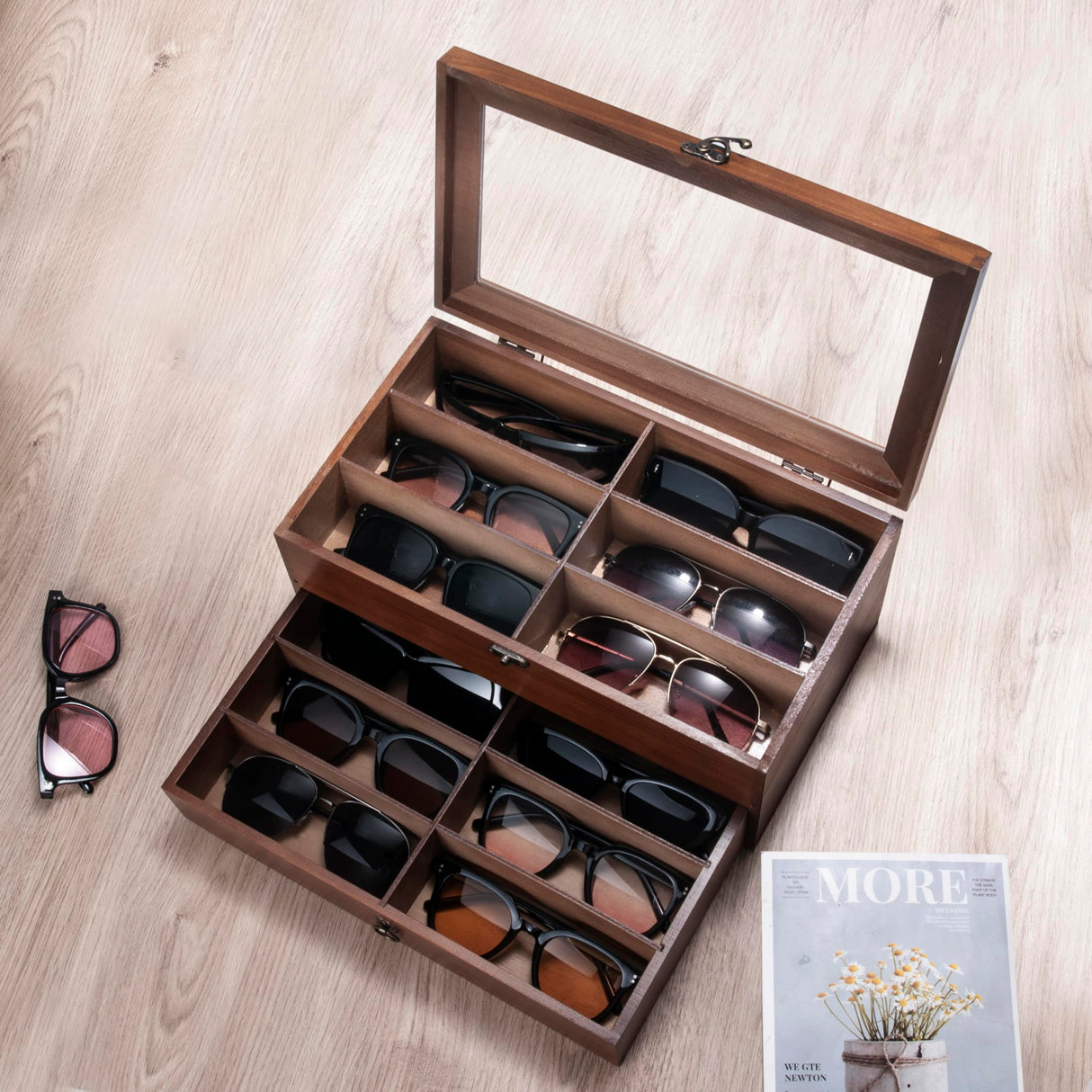 humberboat Sunglasses Storage Organizer, 12 Slots Wooden Lens Box Multiple Pairs Eyeglasses Case Sunglasses Case Holder Watches Jewelry Collection for Men Women Glasses humberboat