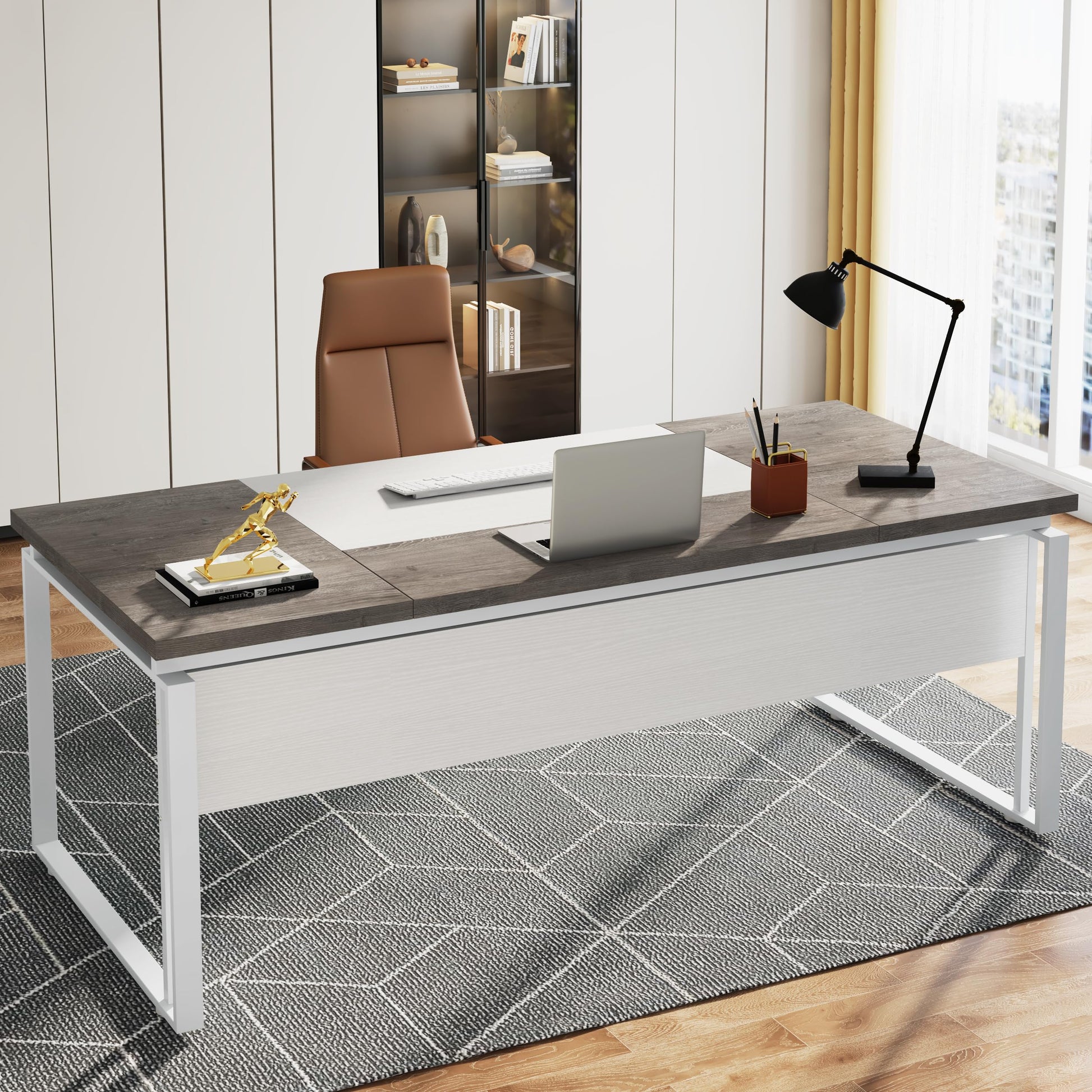 Tribesigns 63" Modern Conference Table with Splicing Board, 5FT Meeting Tables for Home Office, Business Training Seminar Table with Stylish Metal Legs (Only Table) (Grey & White) - WoodArtSupply