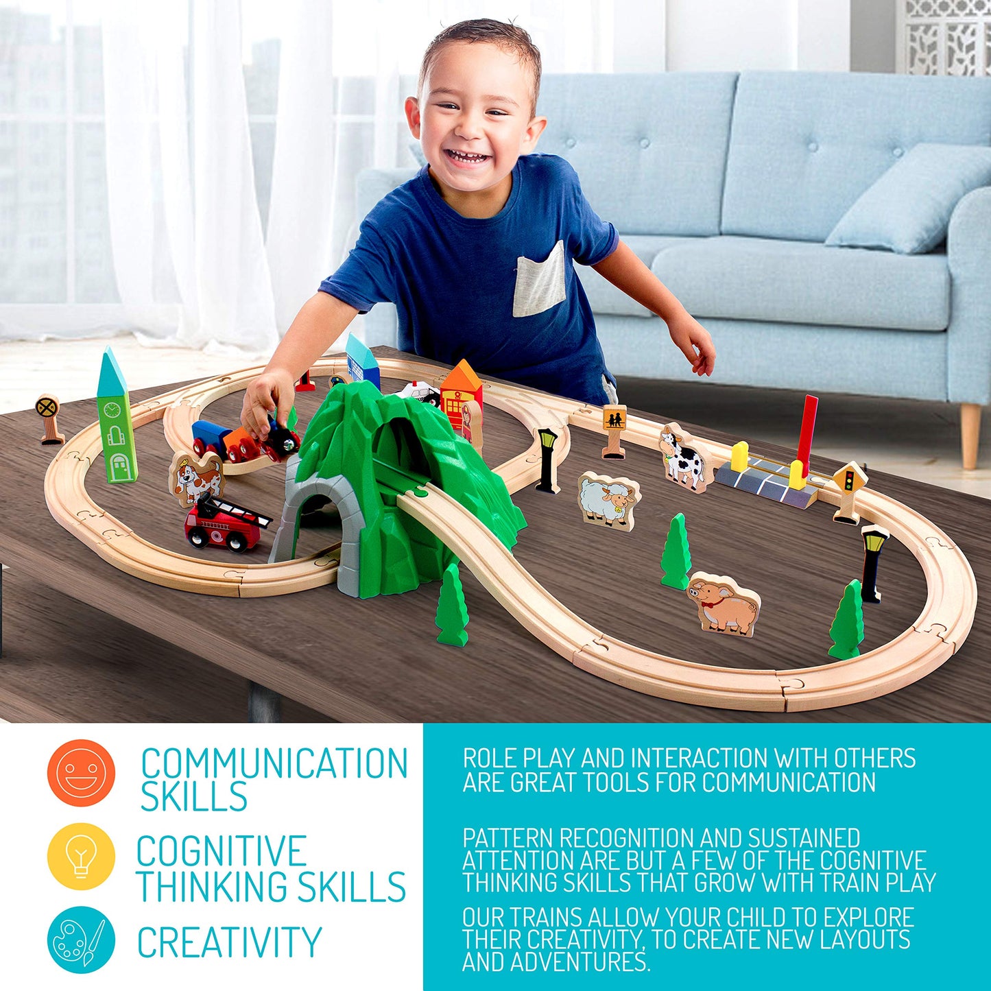 Maxim 50pc Mountain Train Set Set for Toddler with Double-Side Train Tracks Fits Brio, Thomas, Melissa and Doug, Kids Wood Toy Train for 3,4,5 Year - WoodArtSupply