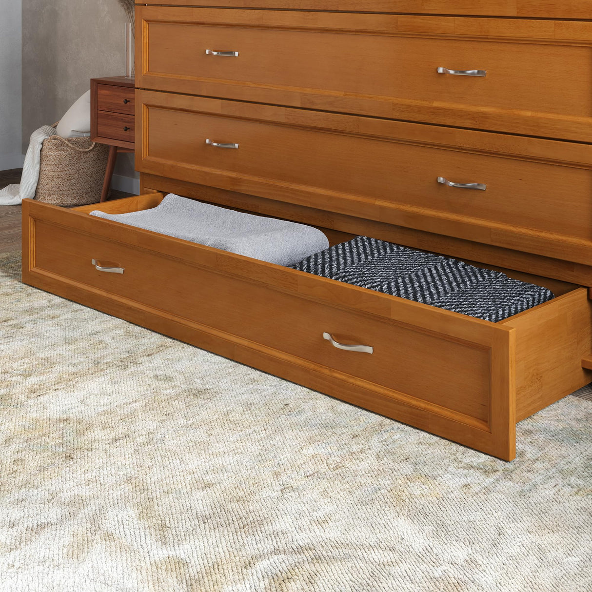 AFI, Northfield Queen Murphy Bed Chest with 6" Mattress, Storage Drawer & Built-in USB Charger, Light Toffee AFI