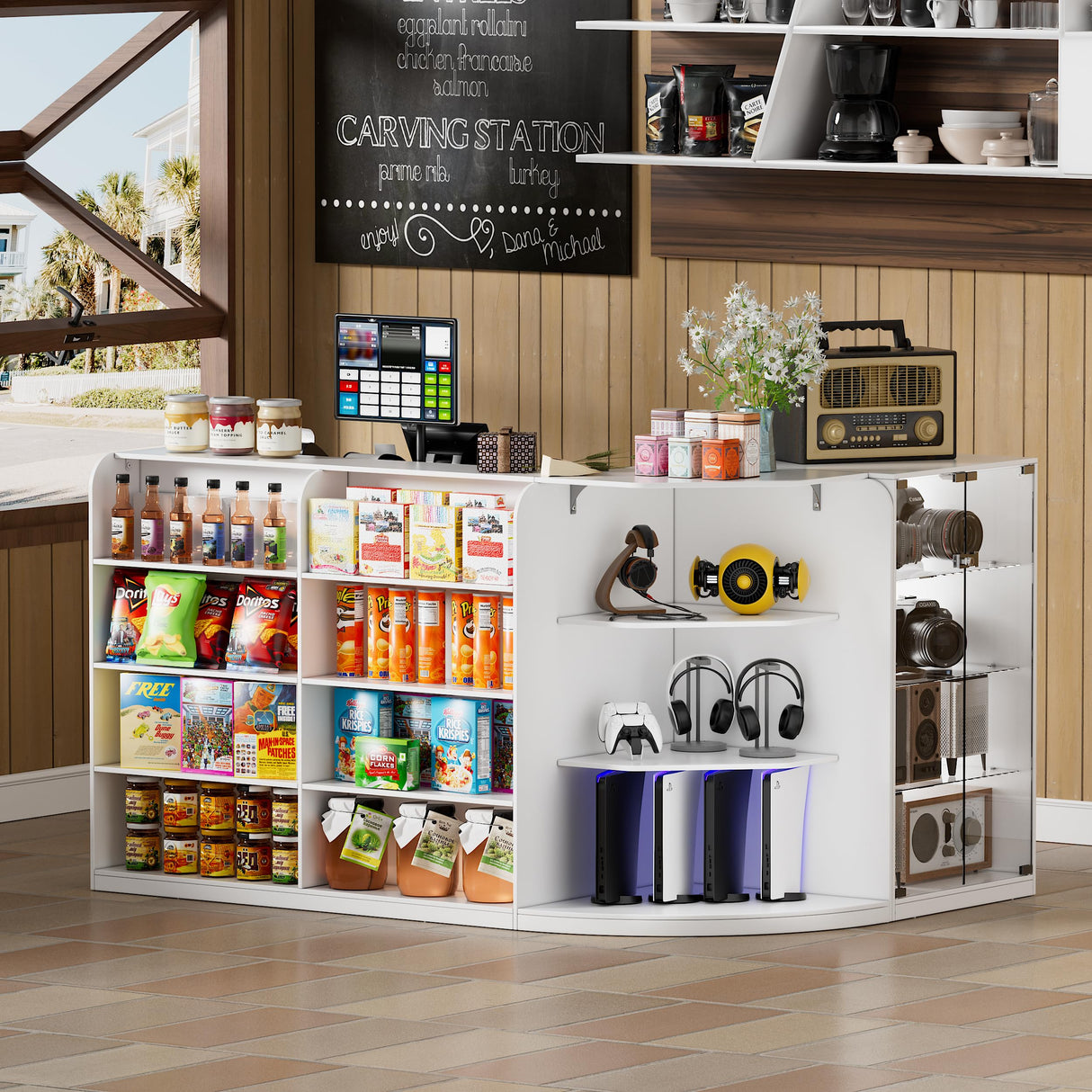 PAKASEPT Reception Desk with Counter for Retail & Checkout,Modern Front Reception Counter with Drawers & Open Shelves,L-Shaped Retail Counter with Storage for Countertop,Beauty Salon,Shop,Bar,White PAKASEPT