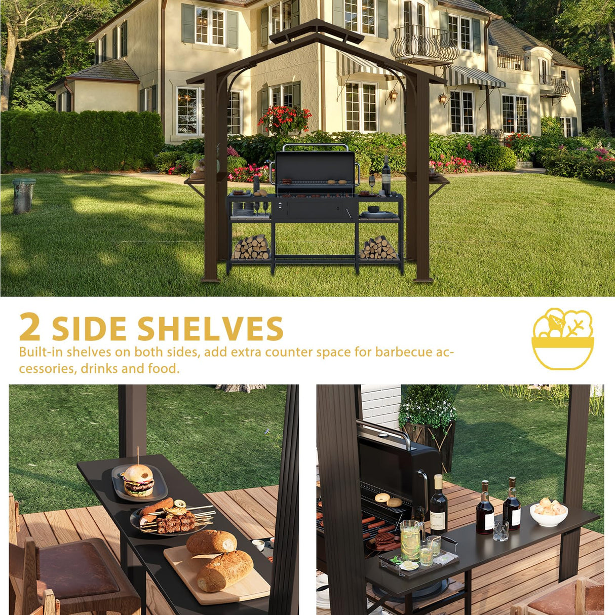 EROMMY 8' x 5' Hardtop Grill Gazebo, Outdoor Metal BBQ Gazebo with Double Galvanized Steel Gable Roof, Permanent Grill Canopy with Side Shelves for Patio Deck Lawn Backyard Garden (Brown) EROMMY