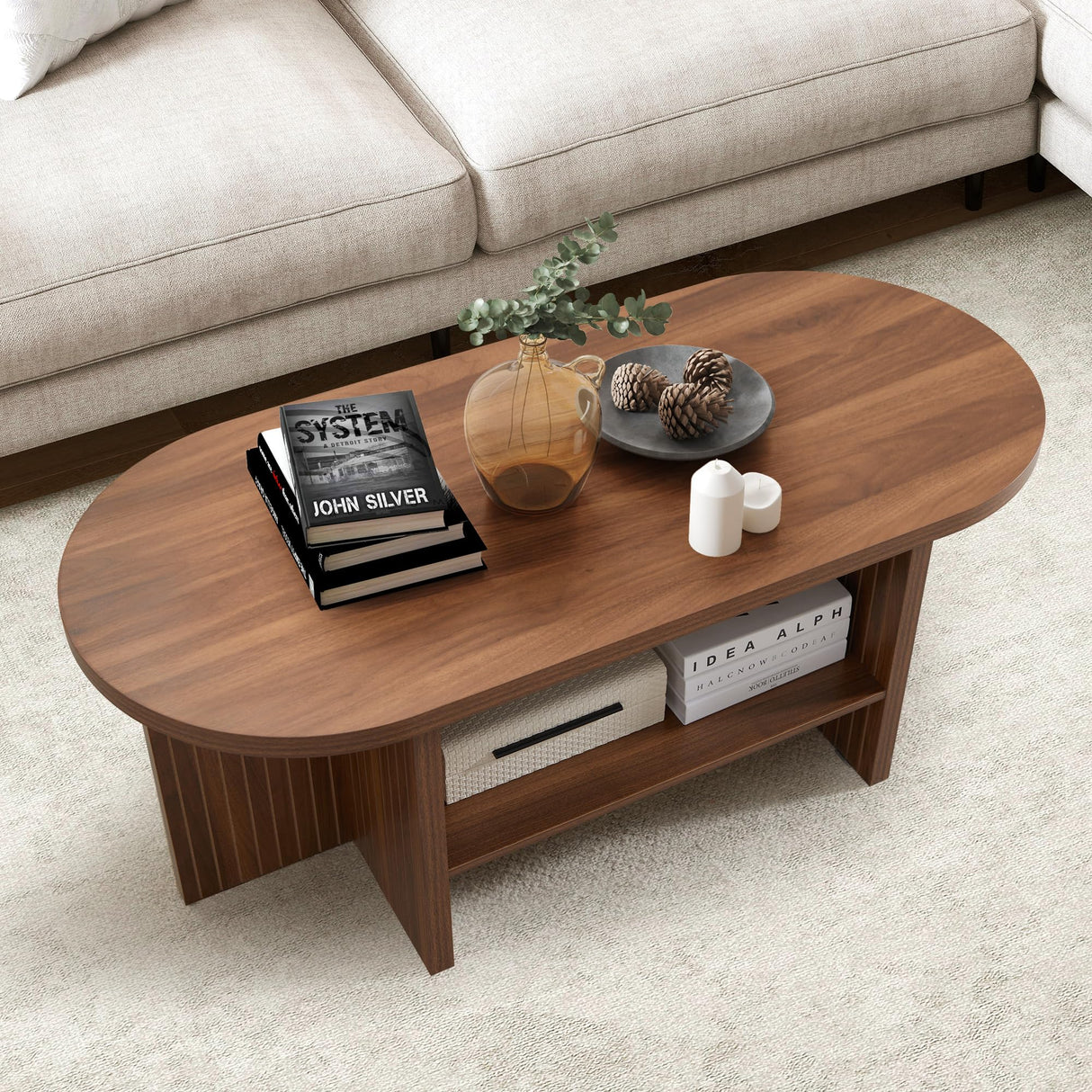 XUZENEST 43.3” Coffee Table with Storage, Oval Coffee Tables for Living Room, Farmhouse Fluted Coffee Table with Large Storage Shelf, Wood Center Table for Small Space, Walnut XUZENEST