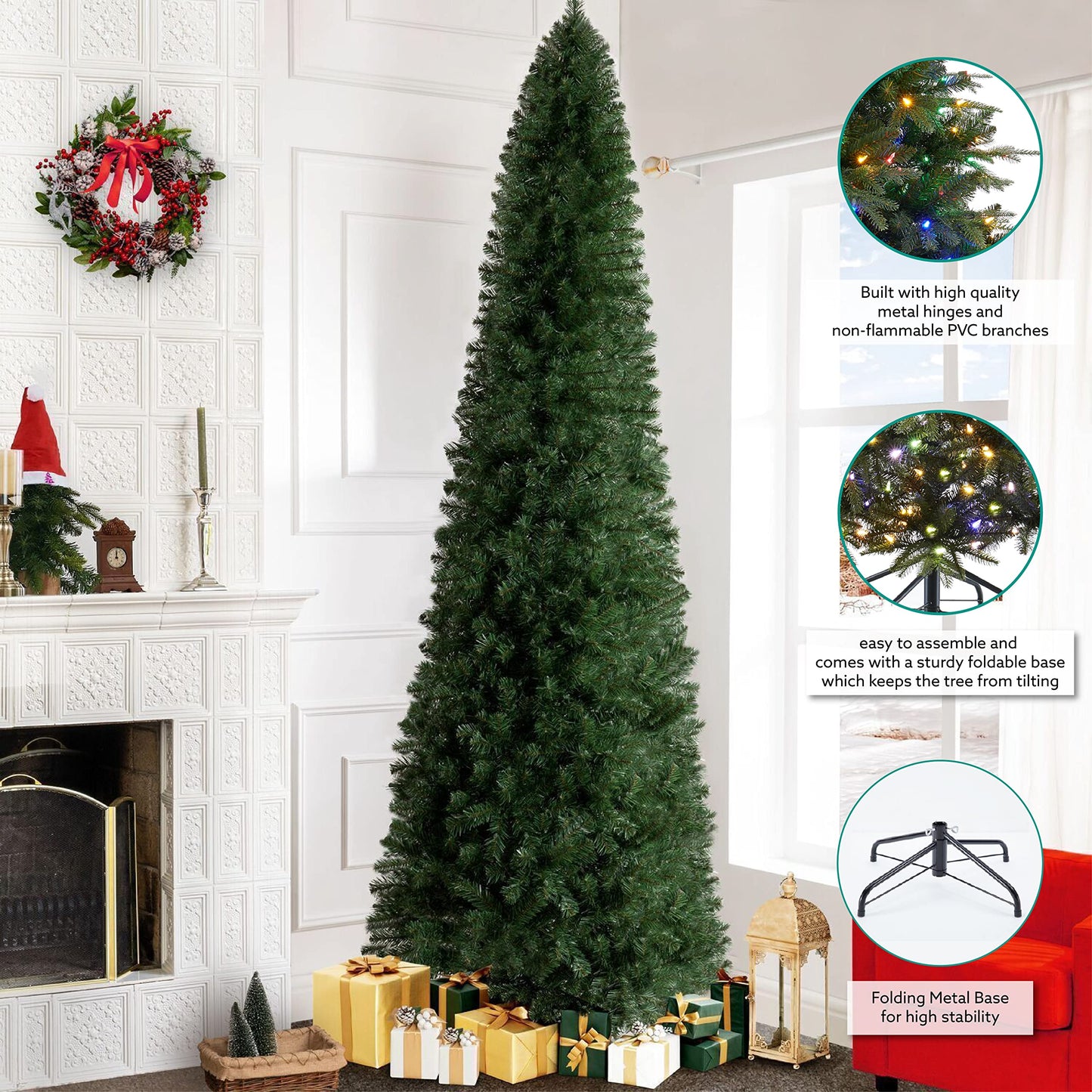 Vienna 9ft Prelit Slim Artificial Christmas Tree with 1455 Branch Tips, 500 Warm Lights and Metal Stand, 37" Wide Realistic Skinny Pencil Christmas Tree with Lights by Naomi Home