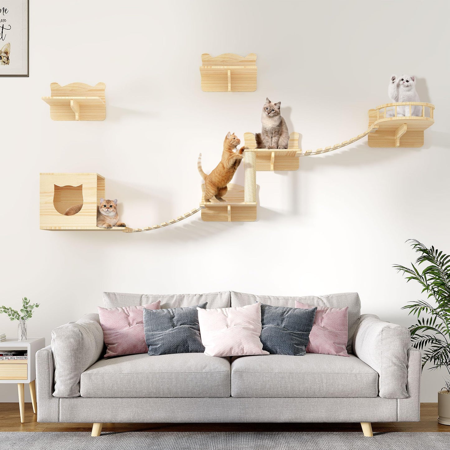 DWVO Cat Wall Shelves and Perches for Wall, Wooden Wall Mounted Cat Furniture, Set of 9 Cat Climbing Shelves with 1 Cat Wall House, 4 Wall Steps, 2 Bridge Ladder, 1 Cat Scratching Post and 1  - WoodArtSupply