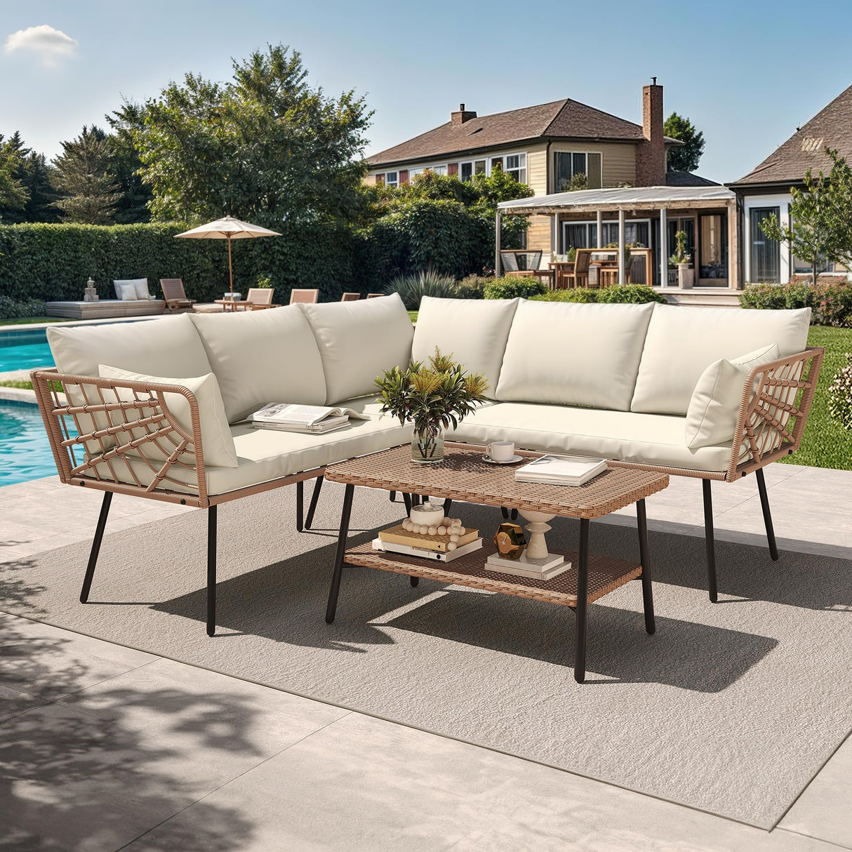 YITAHOME 4PCS Patio Furniture Set L Shape Outdoor Couch with 2-Tier Coffee Table and Thick Cushions Patio Conversation Set Rattan Sectional Sofa Boho Outdoor Furniture Set with 5 Seater for Backyard YITAHOME