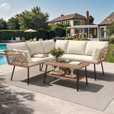 YITAHOME 4PCS Patio Furniture Set L Shape Outdoor Couch with 2-Tier Coffee Table and Thick Cushions Patio Conversation Set Rattan Sectional Sofa Boho Outdoor Furniture Set with 5 Seater for Backyard YITAHOME