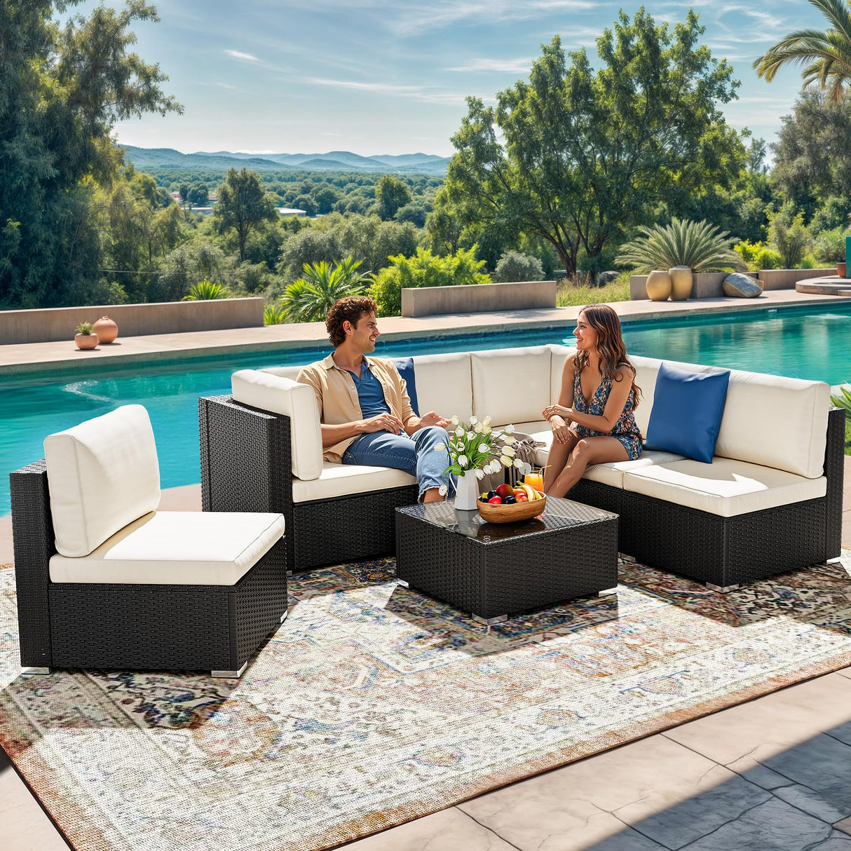 YITAHOME 7 Pieces Outdoor Patio Furniture Set, Sectional Sofa PE Rattan Wicker Conversation Set Outside Couch w/Table and Cushions for Porch Lawn Garden Backyard, Black YITAHOME