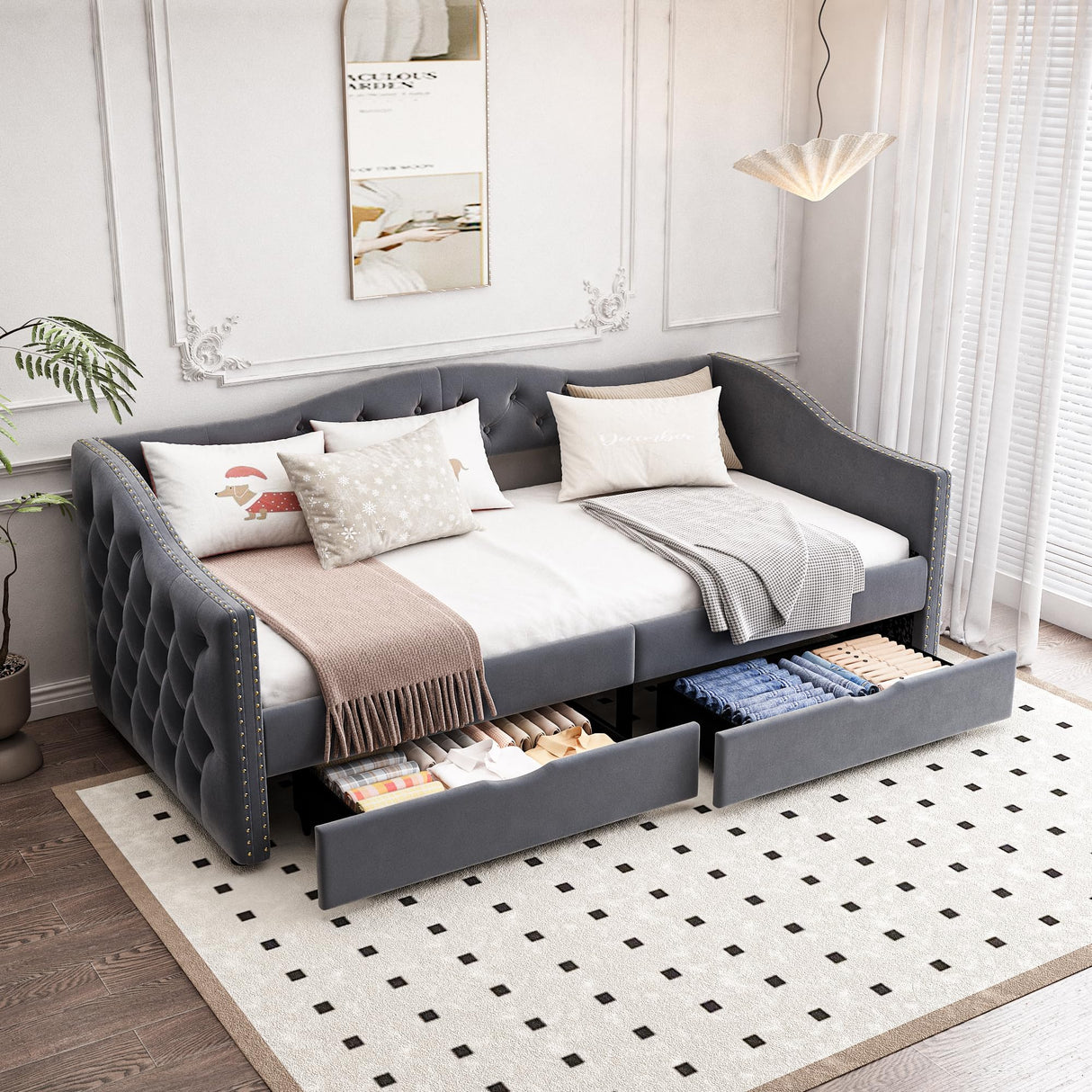 Daybed with Storage Drawers, Twin Size Velvet Upholstered Sofa Bedframe w/USB Port, Button Tufted Backrest and Nailhead Design Daybeds for Bedroom, No Box Spring Needed (Dark Grey, Twin w/Drawers) HMYFGD