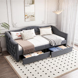 Daybed with Storage Drawers, Twin Size Velvet Upholstered Sofa Bedframe w/USB Port, Button Tufted Backrest and Nailhead Design Daybeds for Bedroom, No Box Spring Needed (Dark Grey, Twin w/Drawers) HMYFGD