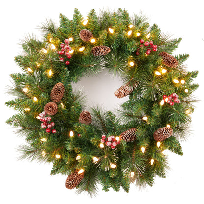 Amaoasis 24 Inch Artificial Pre-Lit Christmas Wreath, Mixed Pine Decorated Frosted Berries, Pinecones, 50 LED Lights with Timer, Battery Operated, Holiday Decoration for Front Door, Outdoor