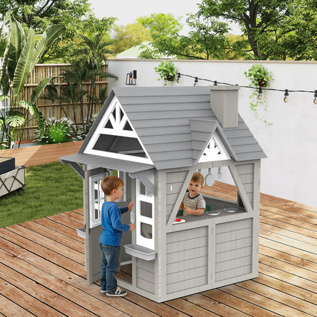 Segmart Kids Playhouse, Indoor and Outdoor Playset, Cedar Modern Gray Wooden Play House for Kids Ages 4-8, Kitchen with Spatulas, Induction Cooker, Flower Pot Rack, Functional Doorbell and Sink SEGMART