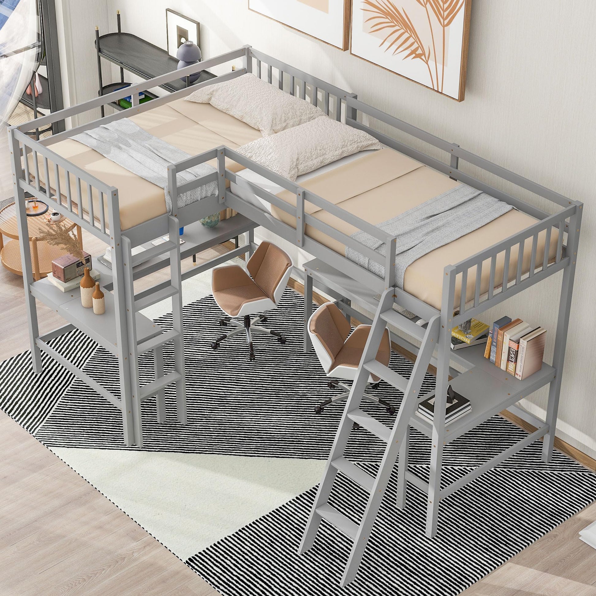 CITYLIGHT Twin Size L-Shaped Loft Bed with Built-in Desks – Grey, Perfect for Kids and Teens - WoodArtSupply