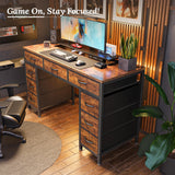 PRAISUN 47 Inch Office Desk with Outlets, Computer Desk with 9 Fabric Drawers, Writing Gaming Work Study Desk for Bedroom, Living Room, Home Office, Large Storage, Rustic Brown PRAISUN