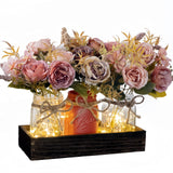 LUEUR Fall Mason Jar Centerpiece for Table with Artificial Flowers, Set of 3 Pink & Brown Faux Rose Floral Farmhouse Painted Decorative Jars for Thanksgiving Autumn Kitchen Home Decor, Dinner Table LUEUR