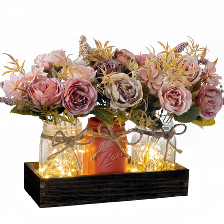 LUEUR Fall Mason Jar Centerpiece for Table with Artificial Flowers, Set of 3 Pink & Brown Faux Rose Floral Farmhouse Painted Decorative Jars for Thanksgiving Autumn Kitchen Home Decor, Dinner Table LUEUR