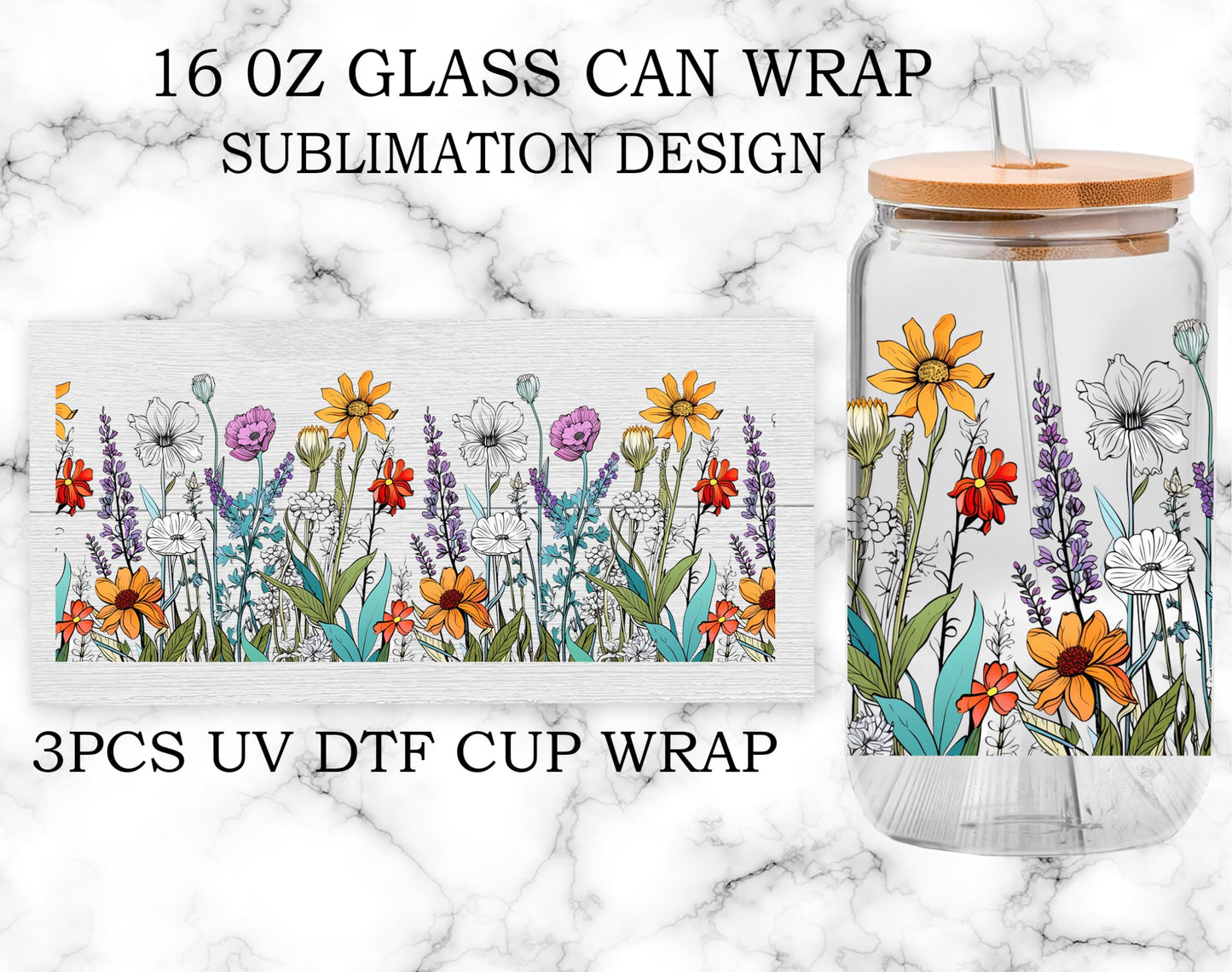 UV DTF Glass Cup Wrap Transfer Decal- Gift for Woman, Gift Your Self,Sister BBF Cowoker, Sublimation Design Wildflowers Summer UVDTF Waterproof Decal for 16oz Glass Cups - Ceramic Mug DIY Crafts-3PCS