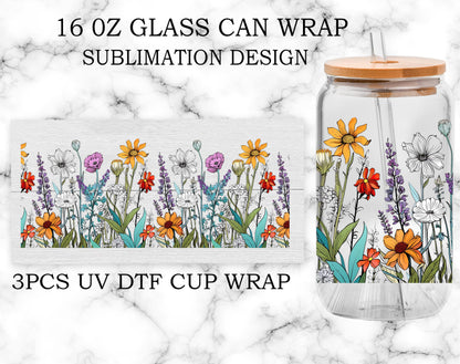 UV DTF Glass Cup Wrap Transfer Decal- Gift for Woman, Gift Your Self,Sister BBF Cowoker, Sublimation Design Wildflowers Summer UVDTF Waterproof Decal for 16oz Glass Cups - Ceramic Mug DIY Crafts-3PCS