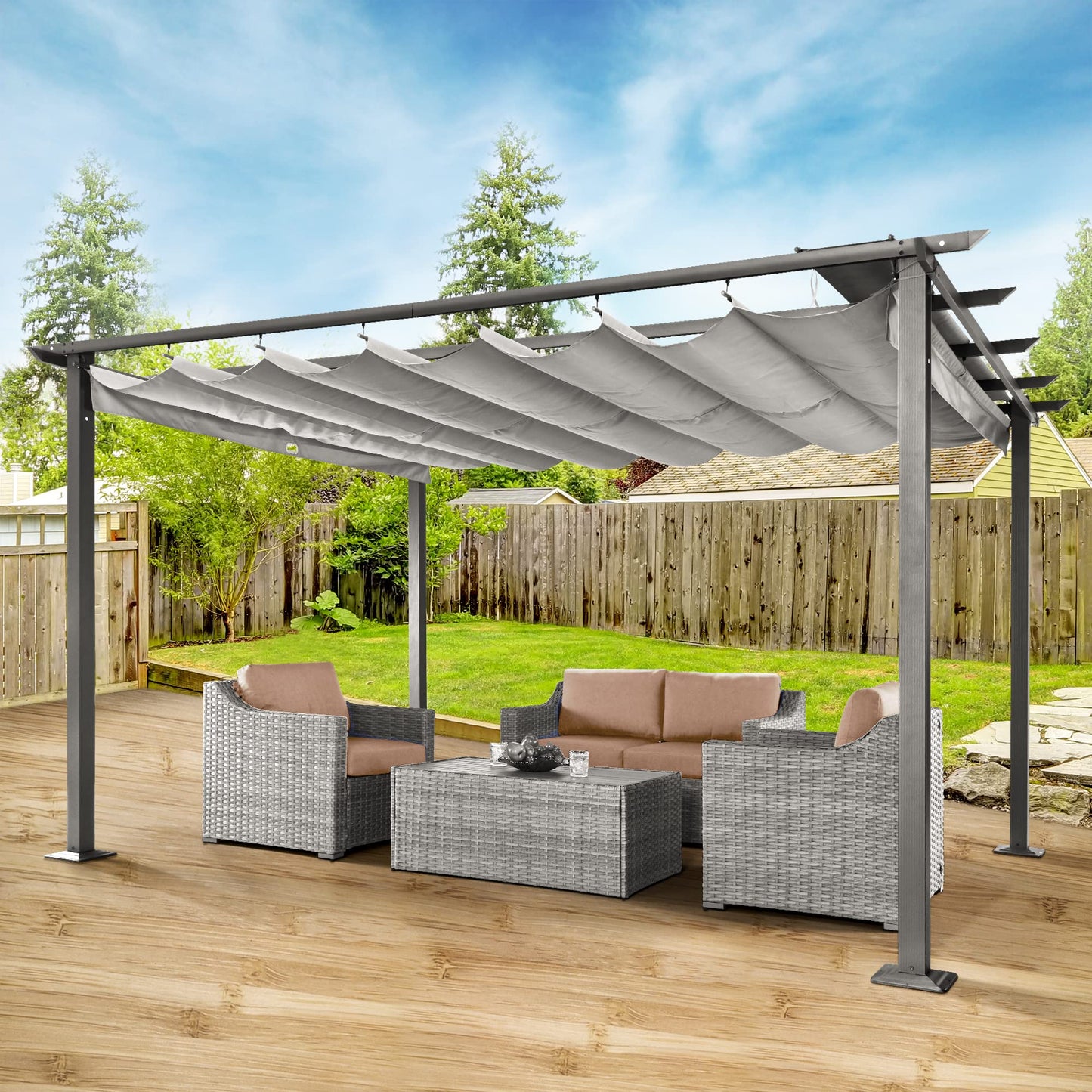 HAPPATIO 10' X 13' Outdoor Pergola Retractable Pergola Canopy for Deck, Backyard, Patio, Aluminum Pergola with Sun and Rain-Proof Canopy, Includes Ground Studs and Expansion Screws (Grey) - WoodArtSupply