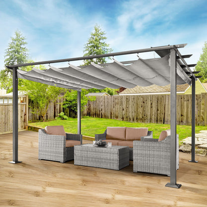 HAPPATIO 10' X 13' Outdoor Pergola Retractable Pergola Canopy for Deck, Backyard, Patio, Aluminum Pergola with Sun and Rain-Proof Canopy, Includes Ground Studs and Expansion Screws (Grey) - WoodArtSupply