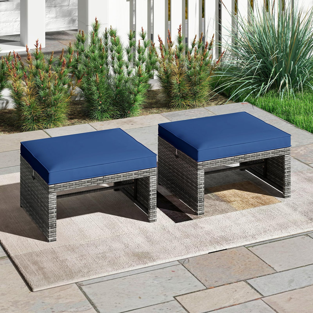 Tangkula 2 Pieces Patio PE Rattan Ottomans, Multipurpose Outdoor Footstool Footrest Additional Seating Side Table with Soft Zippered Cushions for Deck, Garden, and Yard (Navy Blue) Tangkula