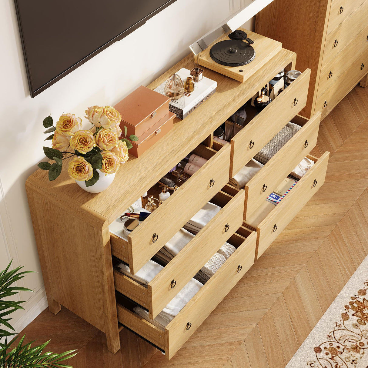 IDEALHOUSE 6 Drawer Dresser, Storage Organizer with Sturdy Metal Handle, TV Stand for 55 inch TV, Chest of Drawers for Living Room, Hallway, Closet IDEALHOUSE