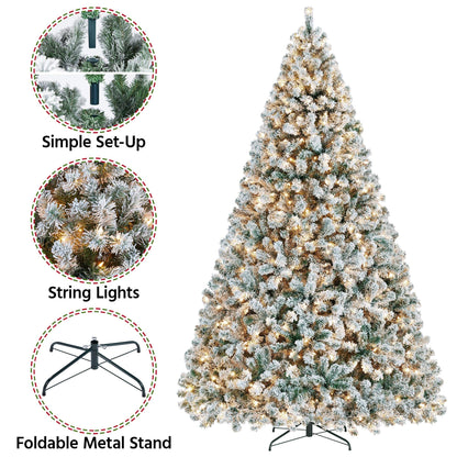 Yaheetech 9ft Pre-lit Artificial Christmas Tree with Incandescent Warm White Lights, Snow Flocked Full Prelighted Xmas Tree W/2084 Branch Tips, 900 Incandescent Lights & Foldable Stand, Green & White