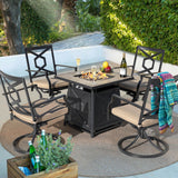 NUU GARDEN 5-Piece Patio Furniture Set with Fire Pit Table, 28'' 50,000 BTU Propane Gas Cabinet Fire Pit Table with Cover and 4 Dining Swivel Chairs with Padded Cushions, Black and Beige NUU GARDEN