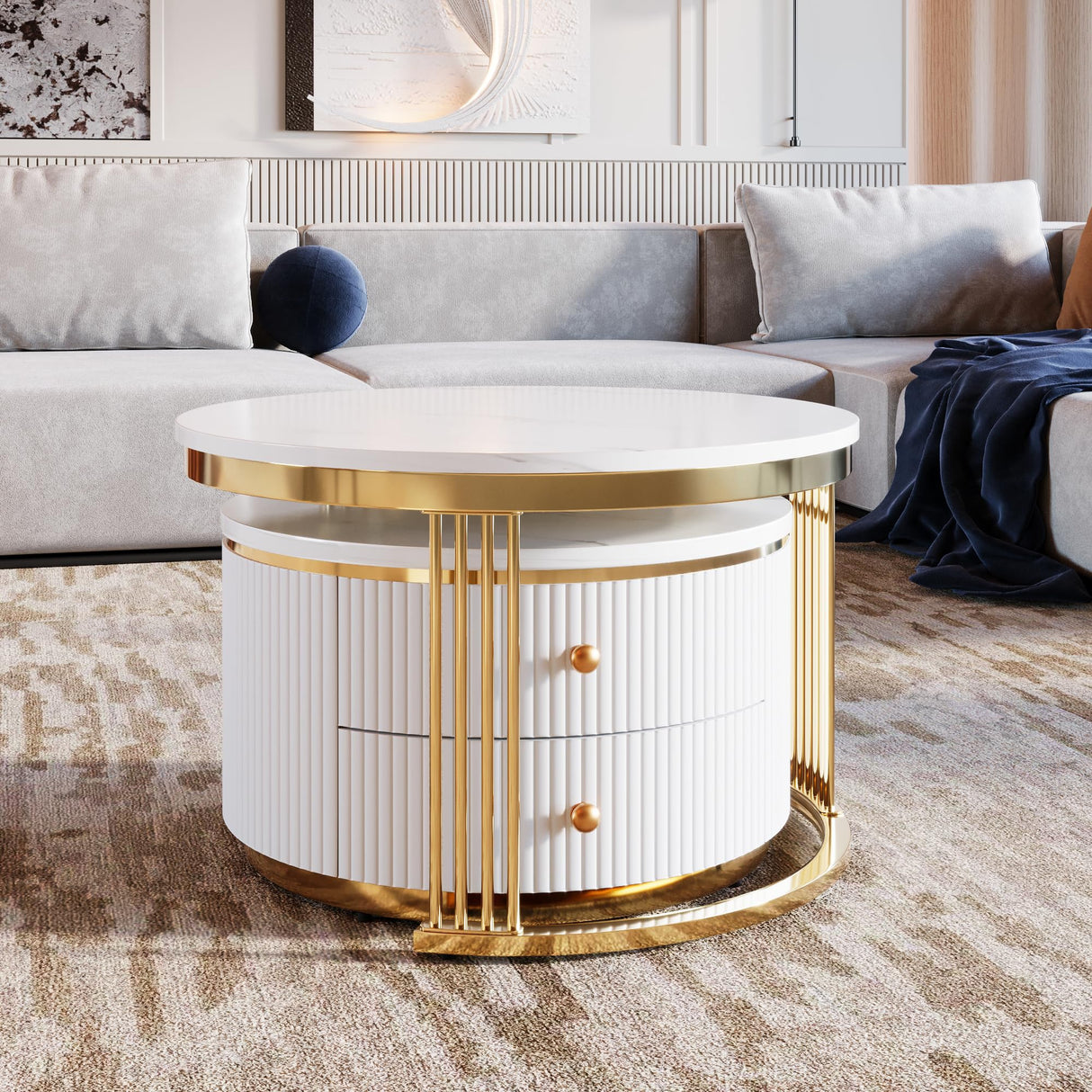 Merax 2 Pieces Modern Round Nesting Coffee Table with 2 Drawers, for Living Room, Small Space, Apartment, Gold+White Merax
