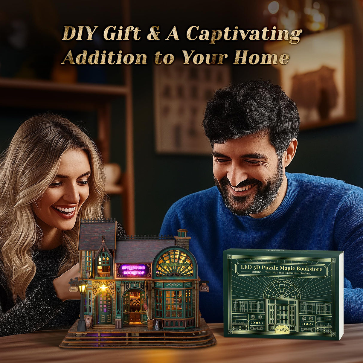 FUNPOLA LED 3D Wood Puzzle - Magic Bookshop Building Model Kit with LEDs - DIY Miniature Magical Bookstore - 3D Puzzle Architecture Craft Gift for Adults FUNPOLA