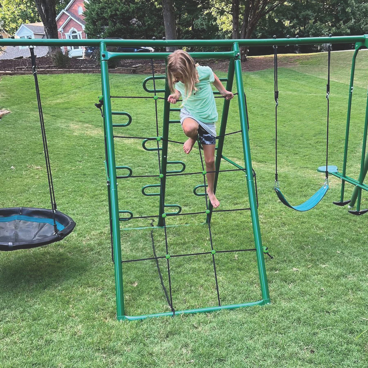 Swing, Climb and Glide Play Center. Backyard Playground Set. Easy Assembly, 7 User / 5 Station Metal Outdoor Play Set for Kids with Two Climbing Stations. 176" L x 69" Deep x 73" H, by XDP Recreation XDP RECREATION