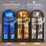 Dystler Arched Kitchen Pantry Cabinet with Glass Doors, Display Curio Case with 3 Color LED Lights for Collectibles, Modern 5-Tier Storage Hutch Cabinet Brown Dystler