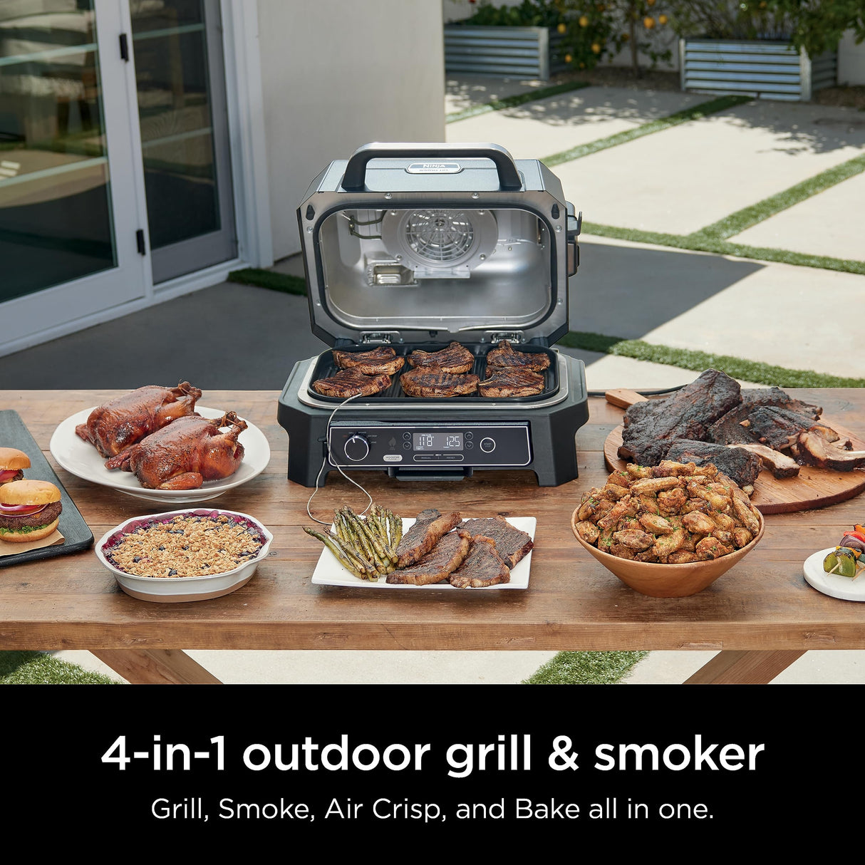 Ninja, Woodfire Pro XL Outdoor Grill & Smoker, Thermometer, 4-in-1 Master Grill, BBQ Smoker, Outdoor Air Fryer, Bake, Portable, Electric Grill, Dark Grey, OG850 Ninja