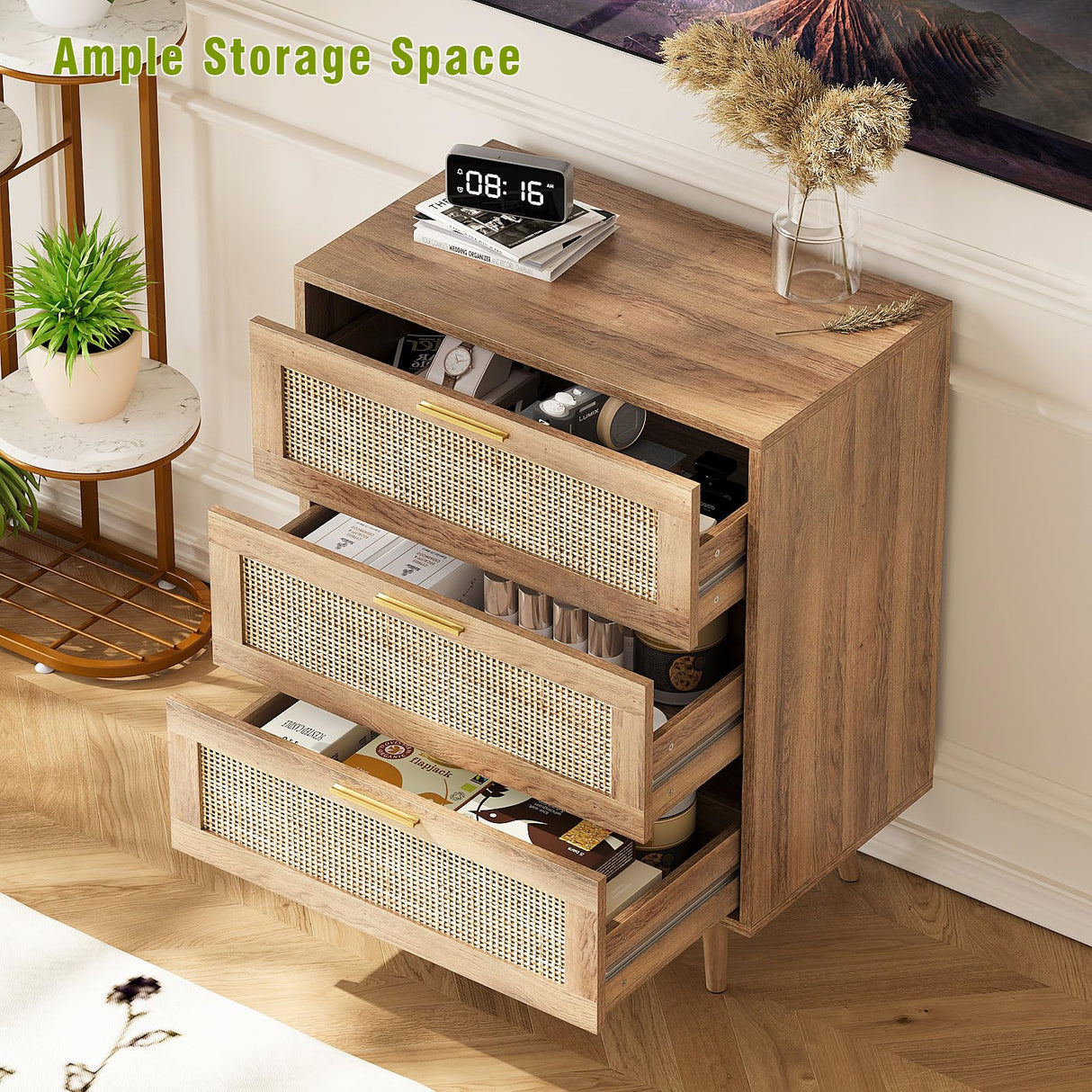 Trironsun 3 Drawer Dresser for Bedroom Rattan Dresser Chest of Drawers with Spacious Storage Boho Clothes Storage Nightstand for Living Room Trironsun